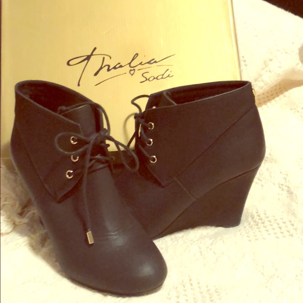 Black Leather Lace Up Wedge Booties
